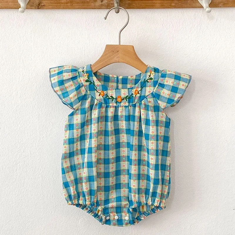 2025 New Summer Infant Baby Girls Bodysuits Flying Sleeve Cotton Grid Toddler Baby Girls Jumpsuit 0-24M Baby Girls Clothing