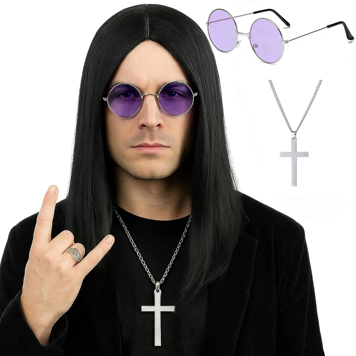 Synthetic Long Black Straight 80s Heavy Metal Rocker Wig for Men Center Parting Wigs Including Cross Necklace and Purple Glasses
