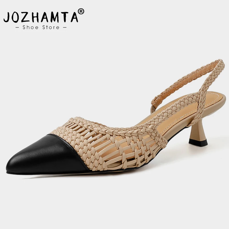 JOZHAMTA Size 34-42 Real Leather Women Sandals Slingback Woven Kitten Mid Heels Summer Shoes Elegant Office Lady Dress