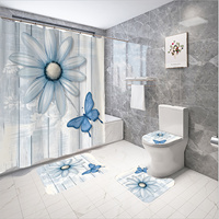 Blue Flower and Butterfly Bathroom 4-Piece Set: Shower Curtain, Bath Mat, Toilet Cover, Tank Cover – Elegant Decor