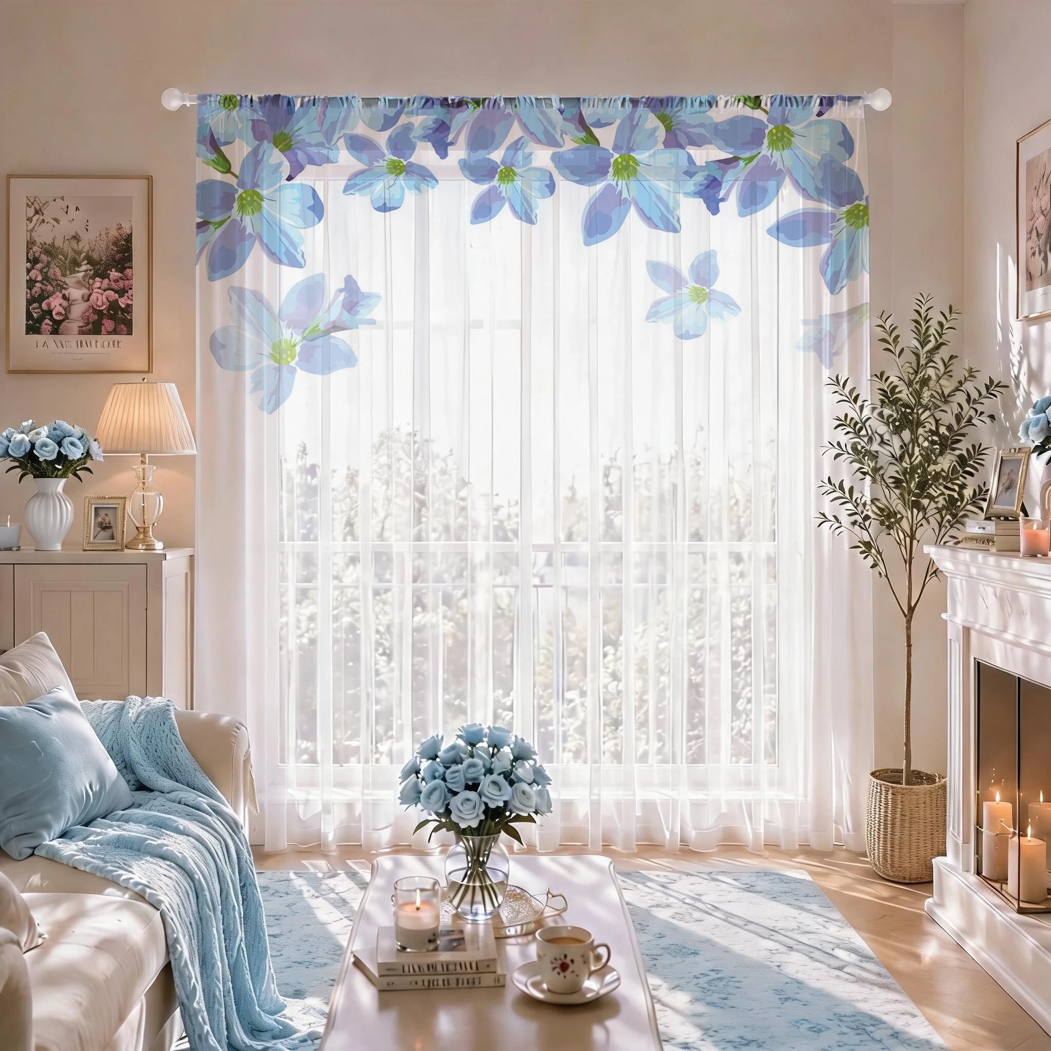 Blue Floral Gradient Sheer Curtain, Good Quality Light Reducing Luxurious Privacy Voile for Living/Bedroom/Kids Room, Gift - view 5