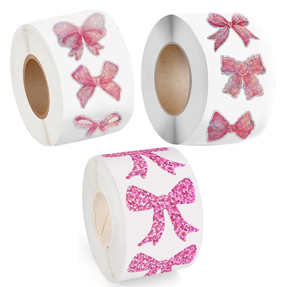 Notebook Scrapbooking Decorative Bow Sticker 500pcs/Roll Pink Bow Stickers Laser Pink Bowknot Envelope Sealing Sticker