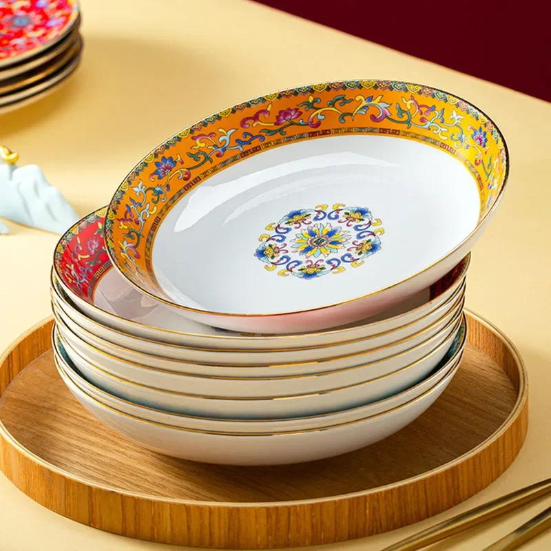 Light Luxury Enamel Ceramic Plate high-end dining table Gold stroke Deep Plate Spaghetti Western Dining plate salad dishes