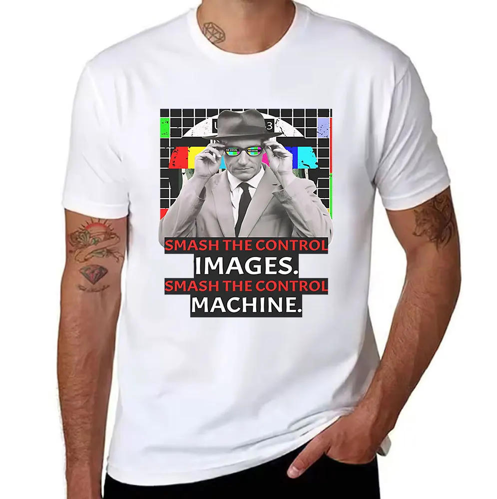 Men's Cotton T-Shirt Smash The Control Images Machine Print Retro TV Signal Graphic Tee Casual Streetwear Top