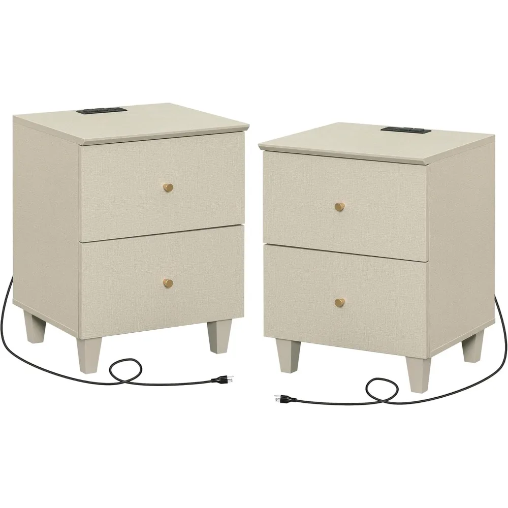 Set of 2 Nightstands with Charging Station&2Drawers Storage, Modern End Tables Mid-Century Wood Bedside Tables with 2 AC Outlets