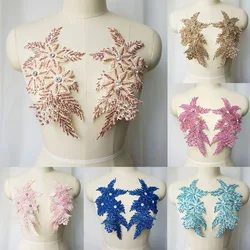 1Pair Craft Material Rhinestone Flowers Cloth Patches 3D Sequin Lace Applique Lace Trim Wedding Bridal Sew On Embroidered