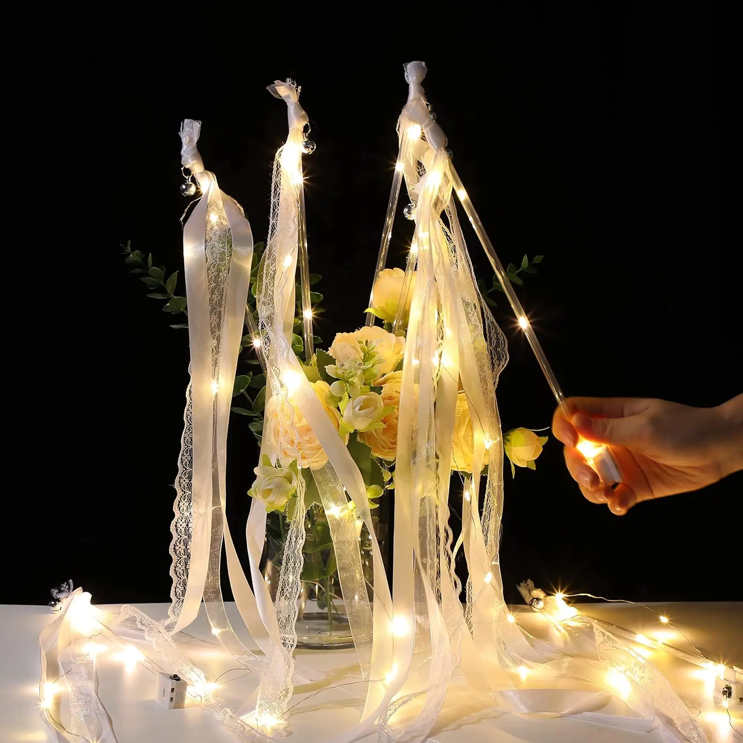 20-60Pcs Light up Wedding Wands LED Ribbon Wands Sparklers with Bells, Wedding Exit Send Off, Dance Floor Props, Wedding Favors view 6