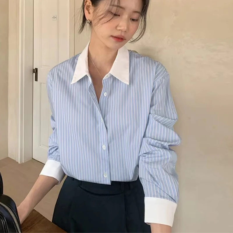 Korean Chic Temperament Striped Women Shirt Tops Casual Streetwear Spring Autumn Long Sleeve Lapel Single-breasted Loose Blouses