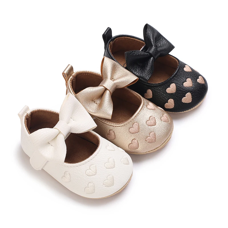 EWODOS Infant Baby Girls Princess Shoes Heart Jacquard Bowknot Non-Slip Wedding Slippers Adorable Shine Surface Toddler Shoes