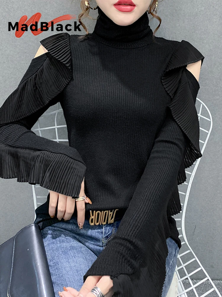 

MadBlack-Женская европейская футболка, сексуальная водолазка с оборками, уличная футболка с длинными рукавами, тонкая футболка S-3XL, осень 2023, T5N209CC
