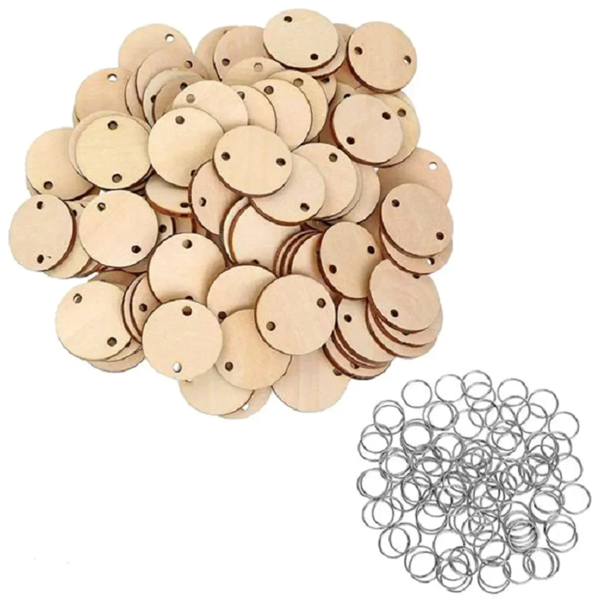 50 Pieces Round Heart Shaped Wooden Discs Wood Tags with 2 Holes and 50 Pieces Rings for Birthday Board Calendar DIY Crafts