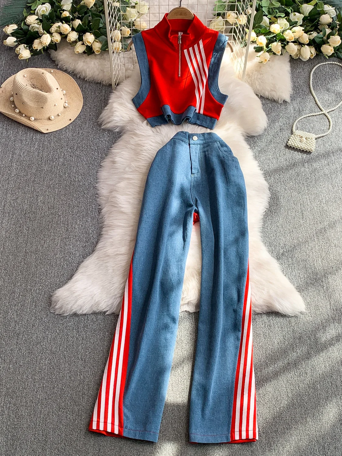 

Slimming High Waist Wide Leg Pants Top And Bot Set ort Sve Denim Patchwork Striped Sexy Girl Outfit Two Piece Set