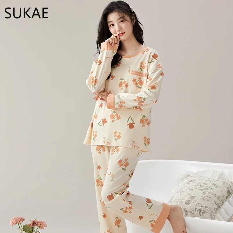 SUKAE Autumn Winter New Faux Cotton Sleepwear Leisure Lady Pijamas Long Sleeves Chic Homewear Cute Nightwear Women Pajamas Set