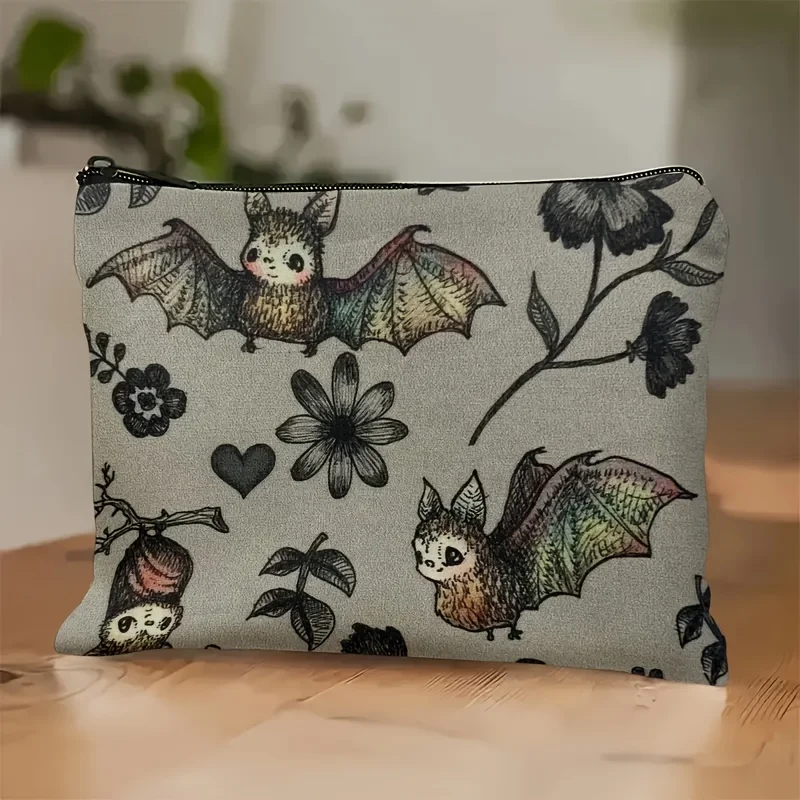 Cute Bat and Floral Makeup Bag and Coin Purse - Fantasy Cartoon Design, Durable Polyester Material, Mixed Colors, Hand Washable