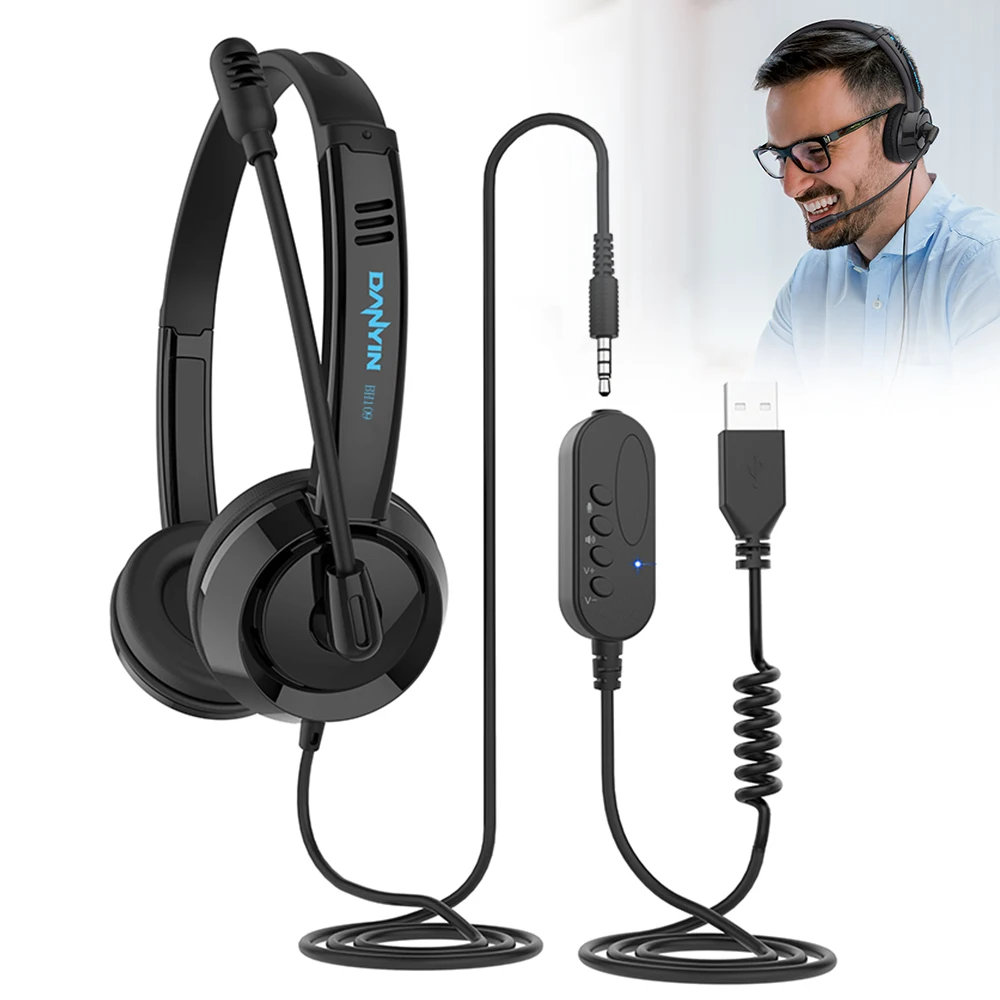 Powerful Wired Headset with Microphone Voice USB+3.5mm Business Headphones Clear Call Customer Service Office Wired Headphone