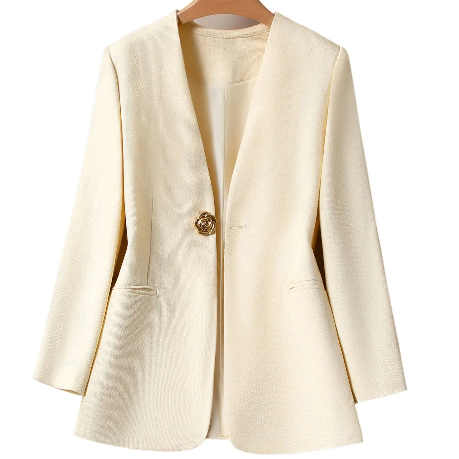  Women's Elegant Cream Beige V Neck Blaze Single Button Rose Buckle Slim Fit Office Lady Suit Jacket Casual Business Coat