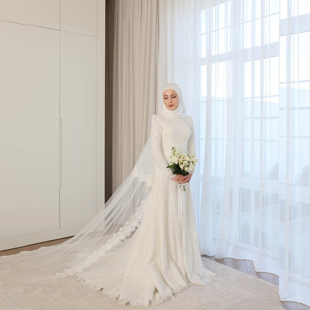 

Muslim Wedding Dresses High Neck Long Sleeve Elegant Bride Dress Mermaid Sweep Train Bridal Gown Customized vestidos de novia
