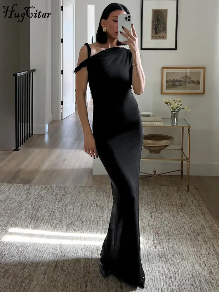 Hugitar-女性の無地の半袖マキシドレス、エレガントなy2k服、滑り止め、不規則、セクシー、スリム、イブニングパーティー、休暇、夏のファッション