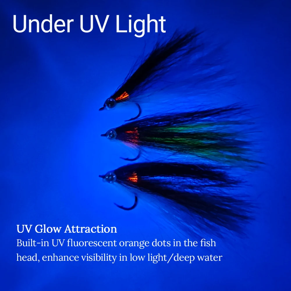 ICERIO 4er-Set Köderfisch-Streamer-Fliegen mit UV-Leuchtpunkt, 3-farbige Kunsthaar-Minnow-Köder für Barsch, Hecht, Forelle, Süß- und Salzwasserfischen – Detail 4