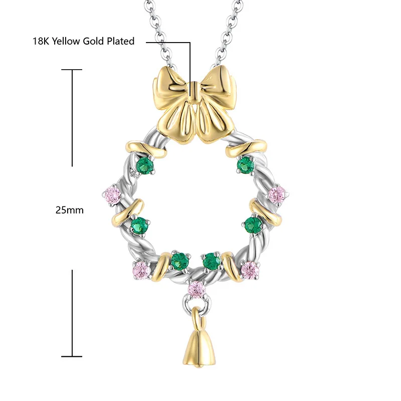 Trendy 925 Sterling Silver Inlaid Pink Green Zircon Flower Garland Small Bell Pendant Necklace for Women Christmas Jewelry Gift