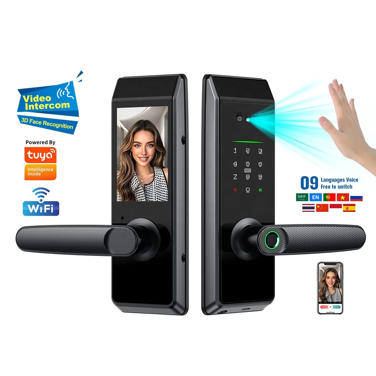 Home Security Smart Door Lock, Face Recognition Fingerprint Digital Handle Lock, Active Intercom, Support Tuya App Card & Key