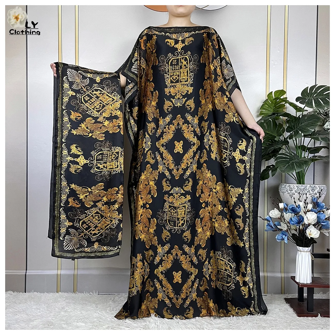 2023 New Style Silk African Abaya Women Clothing Dubai Dashiki Kaftan Pattern Print Design Loose Lady Soft Dress With Scarf