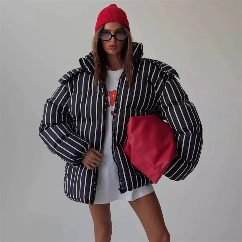 Women's Jacket 2025 Autumn New Style Solid Color Striped Long-Sleeve Hooded Puff Coat Dress Outerwear Casual Fashion Personalize