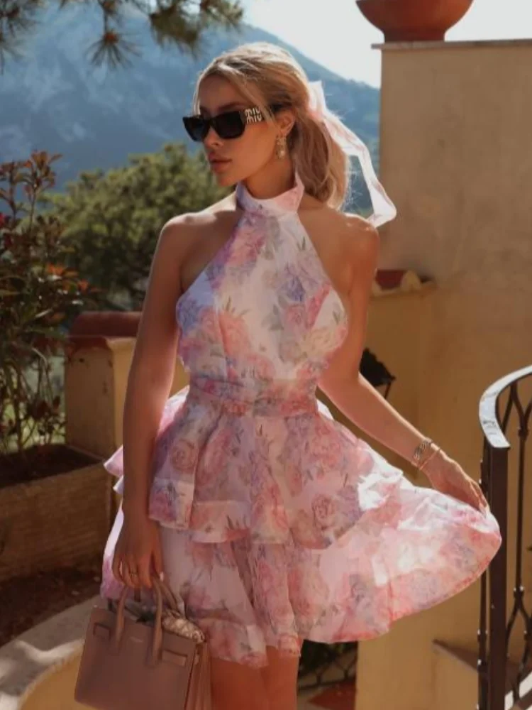 

Elegant Floral Short Dress Summer Holiday Outfits Women Layered Party Dresses Sexy Halter Bow Lace-up Ruffled Hem Puffy Dress