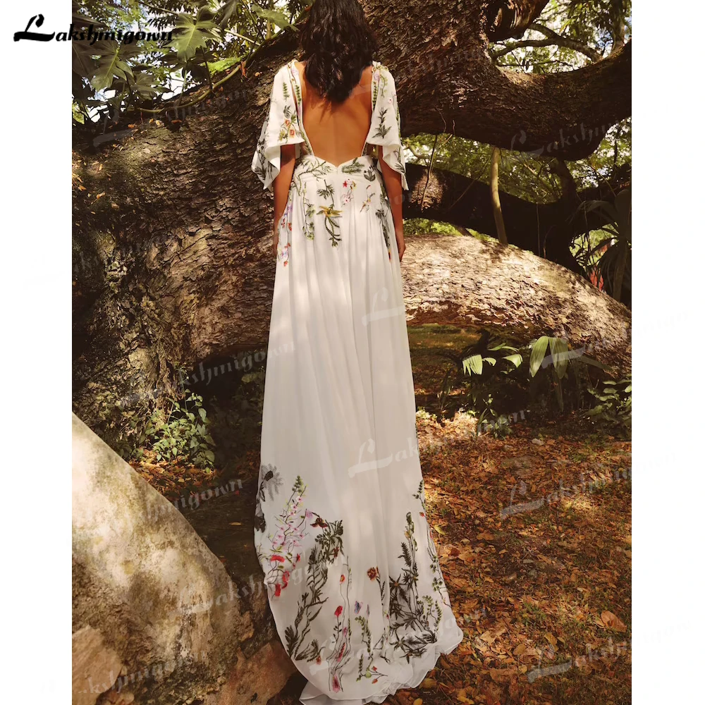 Lakshmigown-vestido de novia bohemio con bordado colorido, traje Sexy con cuello en V, manga corta, espalda abierta, gasa, Playa