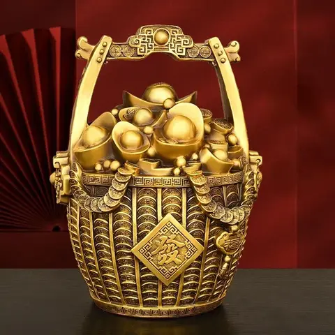 Feng Shui Inviting Wealth Copper Bucket of Gold Ornaments Treasure Bowl Money Jar Yuanbao Ruyi Home Miniatures