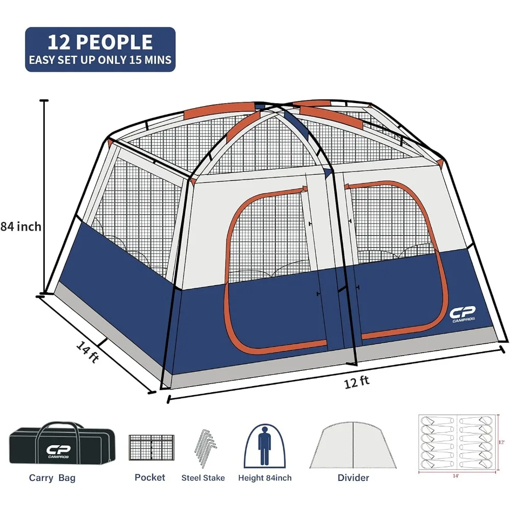 Tent 12 Persoons Kampeertenten, 2 Kamer Weerbestendige Familiecabine Tent, 6 Grote Gaasramen, Dubbele Laag, Verdeeld Gordijn