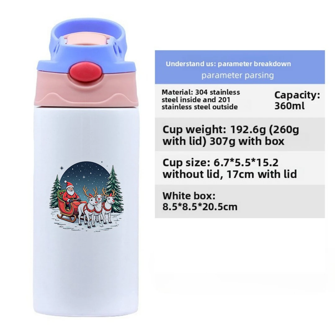 304 스테인리스 스틸 보온컵 + 만화 산타클로스 순록 일러스트 빨대컵 어린이 보온컵 필수 크리스마스 선물