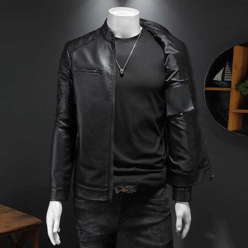 

2022 Autumn Winter New Men's Stand Collar Leather Jacket Washed PU Motorcycle Blouse Bike Casual Stylish Male Trendy