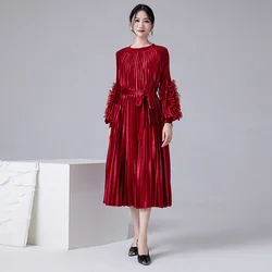 2023 Winter New Miyake Fold Dress Heavy Industry Canary Loose Tie Solid Color Elegant Evening Dresses for Women Clothing