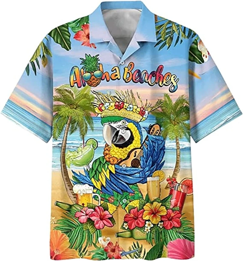 

Casual Parrot Graphic Hawaiian Shirts Summer Fashion Short Sleeve 3D Printed Beach Shirt Loose Harajuku Vacation Mens Clothing