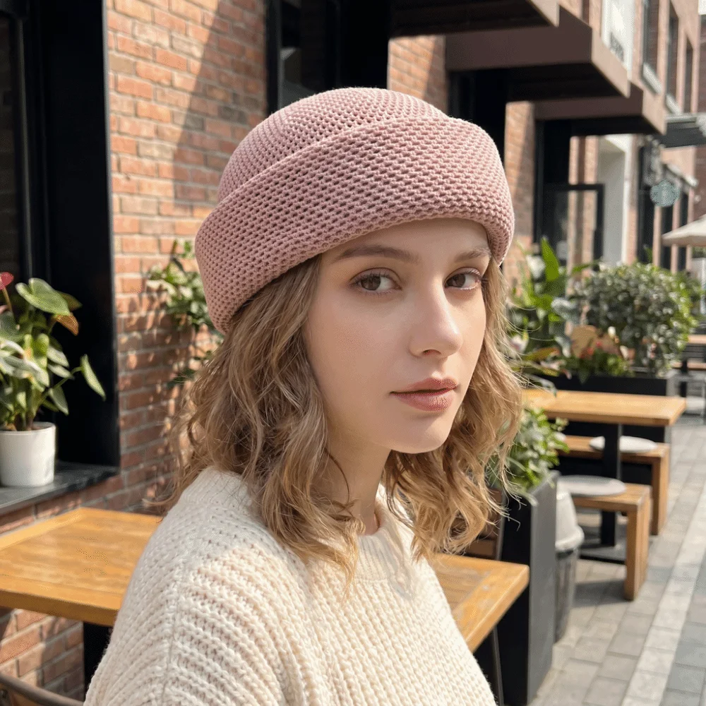 Church Elegant Style Mesh Breathable Beret Casual Knitting Hard Melon Peel Hat Stiff Brim Lightweight Sun Hat Summer Season