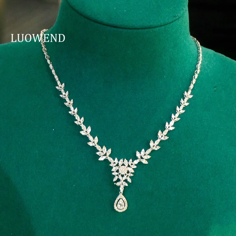 LUOWEND 100% 18K White Gold Necklace Luxury Design 2.86carat Real Natural Diamond Necklace for Women High Party Jewelry