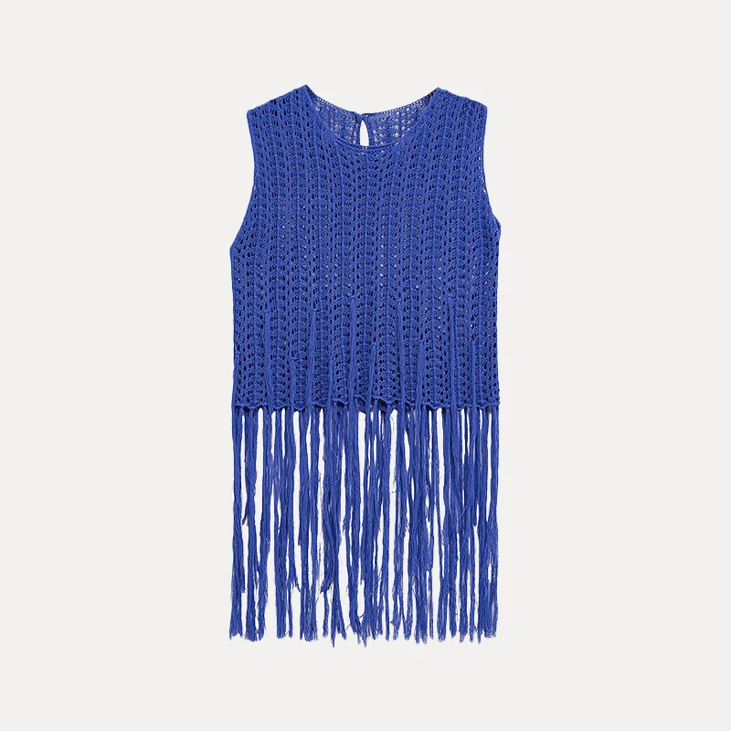 بلوزة نسائية أنيقة محبوكة لصيف 2025 بتفاصيل شراشيب بدون أكمام فضفاضة من البوليستر قطعة واحدة بتصميم أصلي