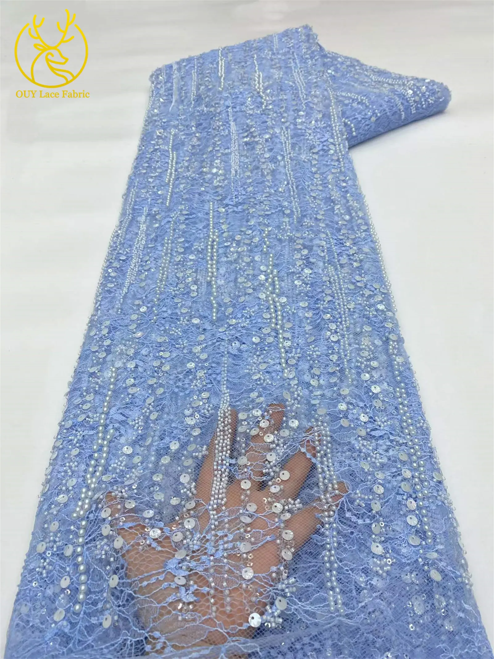 Afrikanischer Spitzenstoff, hochwertige französische Stickerei, Perlen, Pailletten, Tüll, Netzspitze für Frauen, Hochzeitskleid, Nähzubehör, 5 Yards – Detail 13