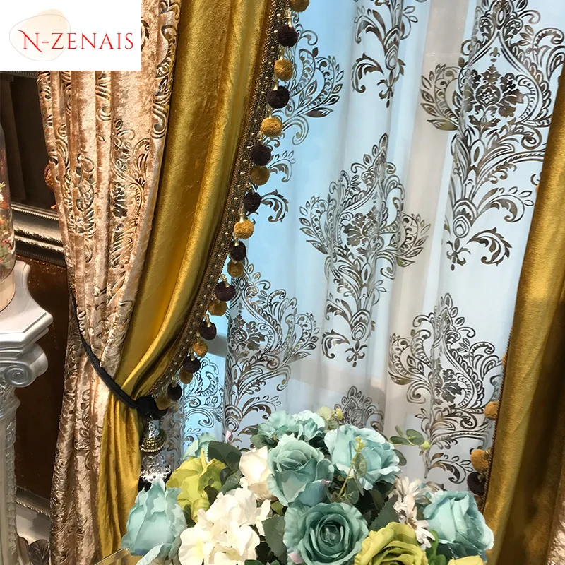 European Embroidered Tulle Brown Valance Luxury Curtains for Living Room Bedroom Blackout Flannelette Custom American Elegant