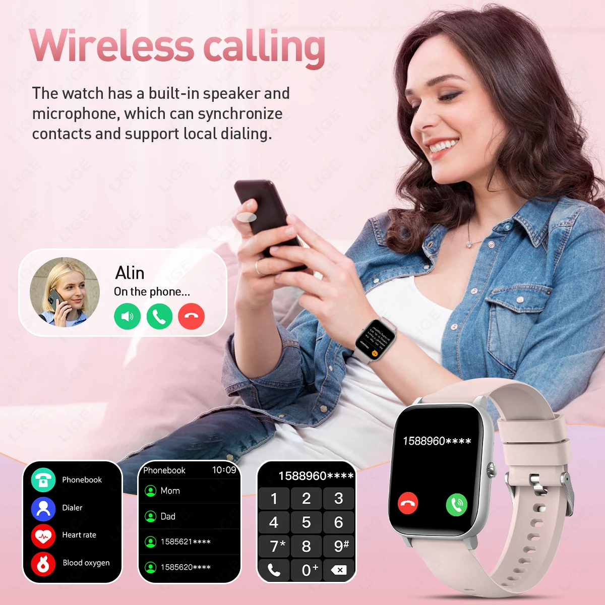 LIGE 1.85 "Full Touch Screen สมาร์ทนาฬิกาผู้หญิงไร้สายโทรผู้ชายผู้หญิงสร้อยข้อมือนาฬิกาที่กําหนดเอง Face Health Monitor สมาร์ทนาฬิกา