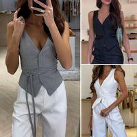 Women Spring Summer Waistcoat Deep V-neck Sleeveless Casual Vest Lace-up Slim Fit Solid Color Holiday Waistcoat Streetwear