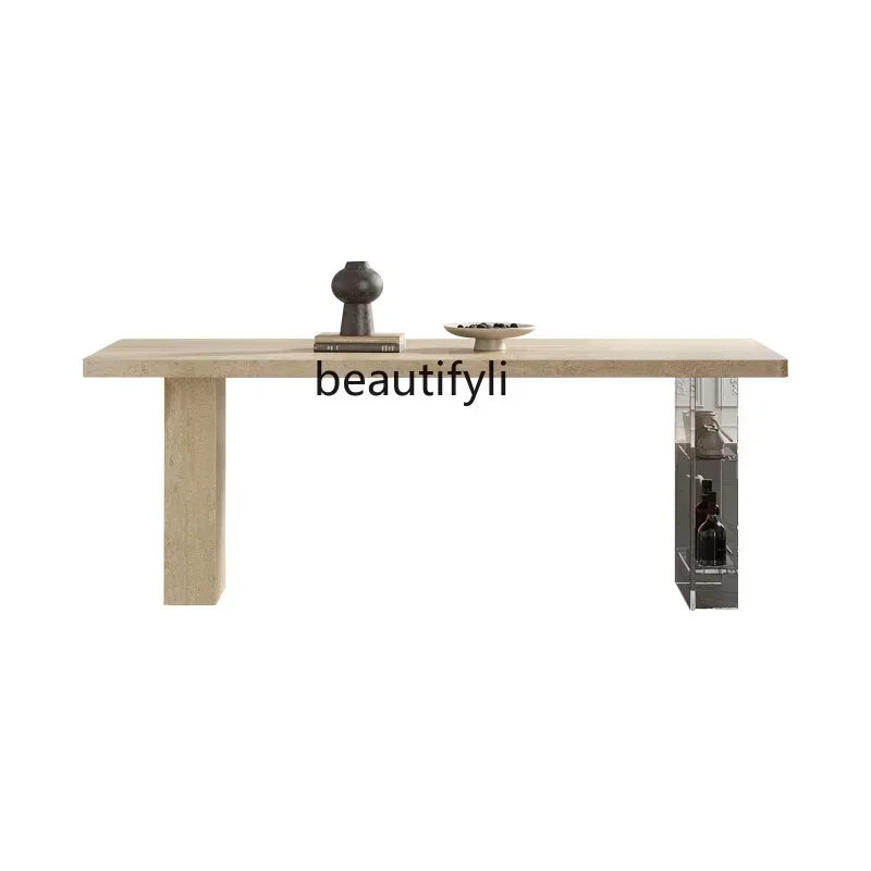 

ljyRetro travertine rock slab dining table suspended acrylic storage designer original medieval dining table