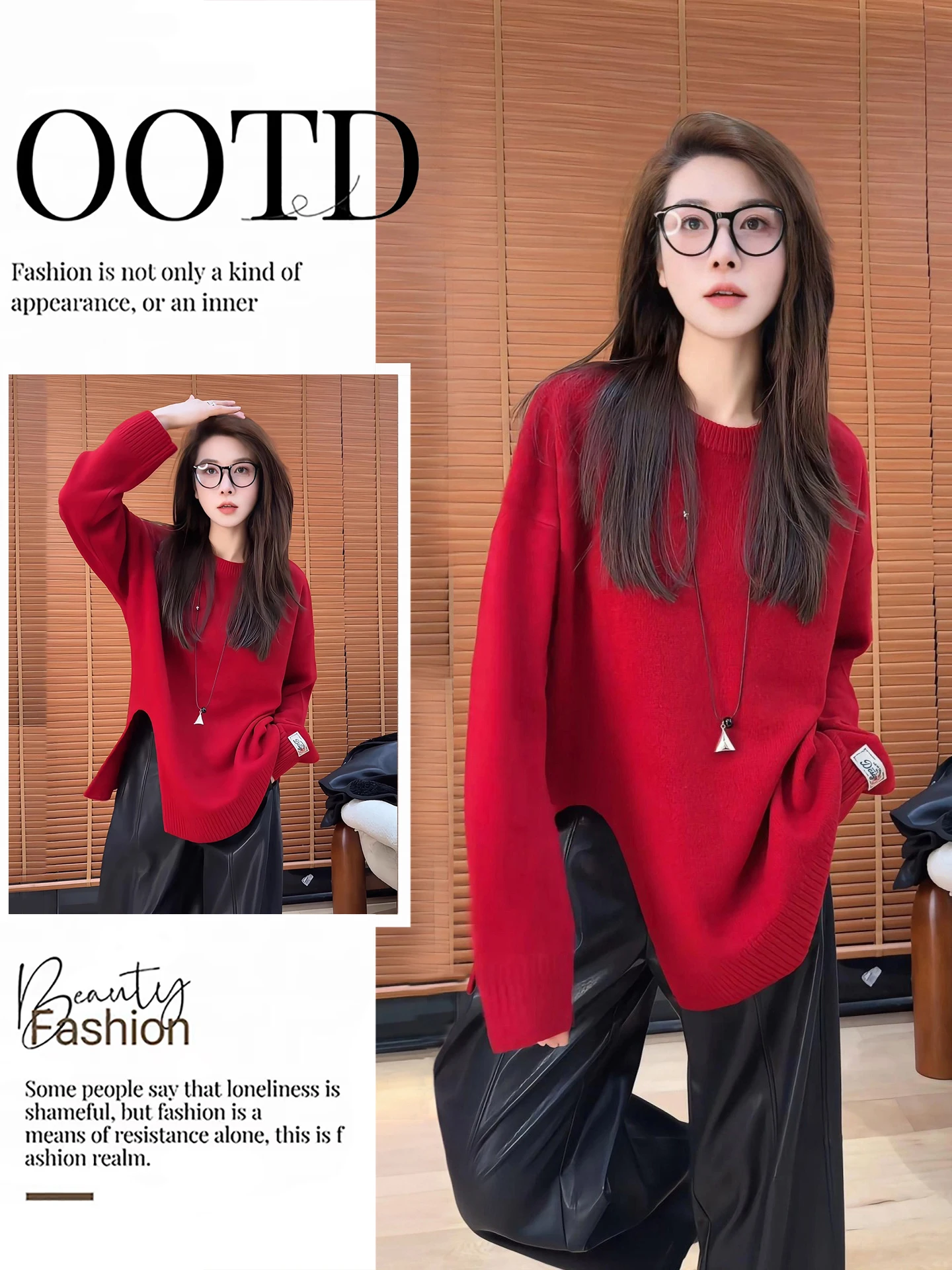 

Retro New Year Red Asymmetrical Knitted Sweater Women's Base Layer Leisure Style Loose Fit Long Sleeve round Neck Top