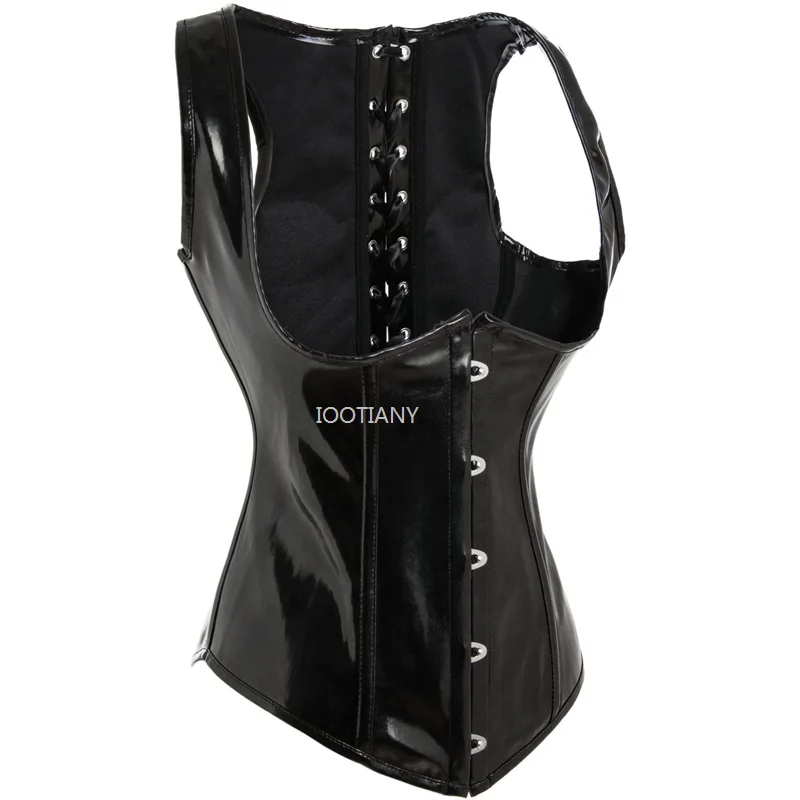 PU Leather Steampunk Bustier Body Shaper With Straps Black Shiny Leather Steel Button Corset Patent Leather High Gloss Sexy Tops