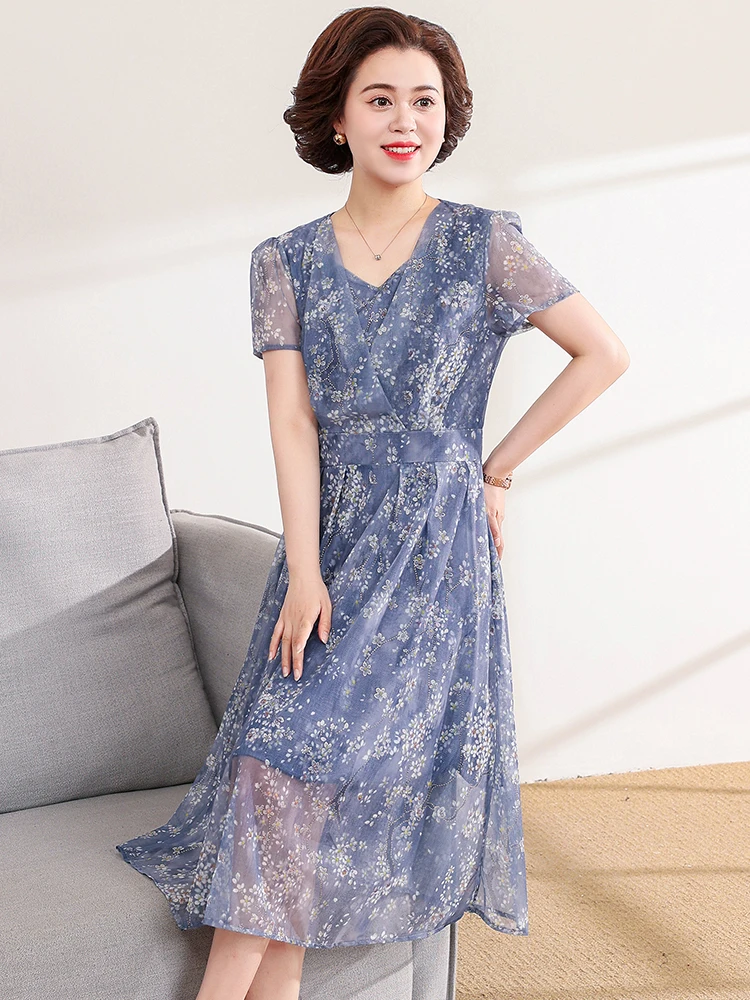 floral-print-chiffon-dr-faionable-midlife-women's-clothing-summer-new-sle-korean-round-ne-midi-dr-polyester-fiber