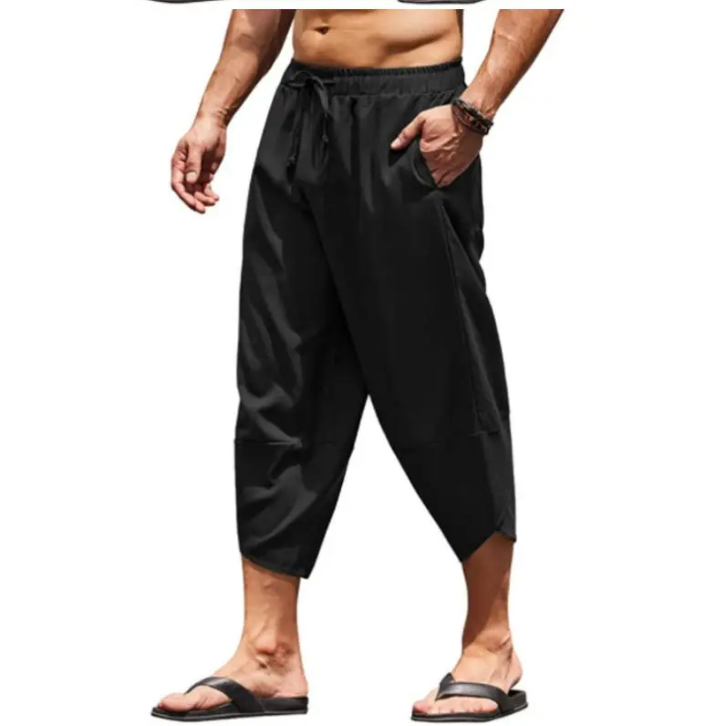 Men Summer Solid Color Capri Pants Harem Shorts Men Elastic Waist Drawstring 3/4 Length Cropped Trousers Baggy Sweatpants