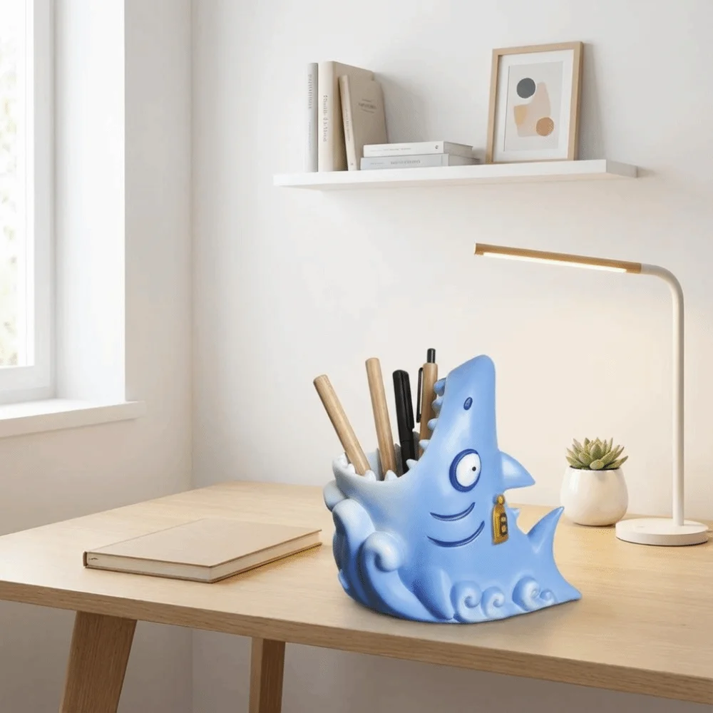 Makeup Brush Holder Cartoon Shark Pen Holder Novelty Creative Desk Organizer Cute Desktop Decoration Stationery Storage Box Gift