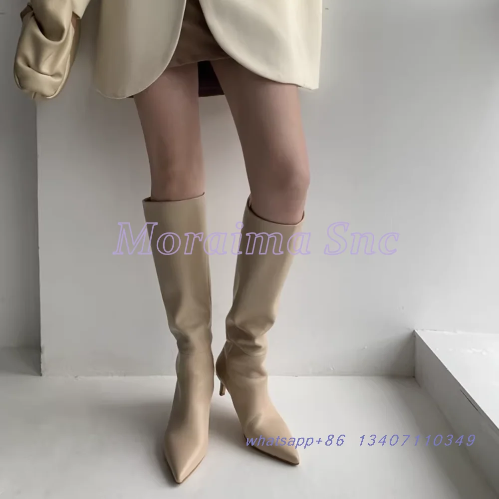 Concise Style Pointed Toe Knee High Boots Stiletto Low Heel Slip On Fashion Retro Women's Autumn Winter Long Boots Apricot Solid