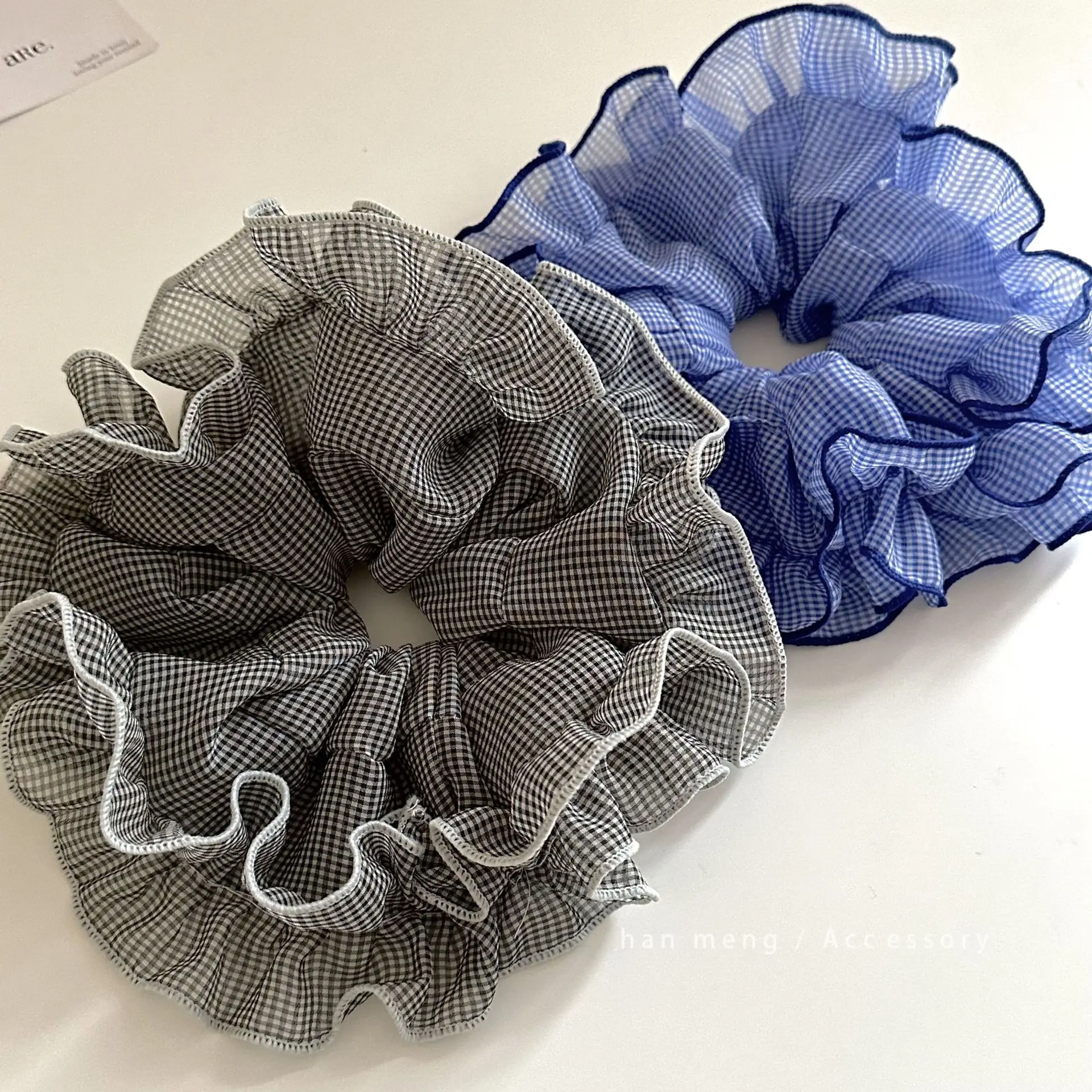 1pc Korean style blue-gray plaid lace hair tie, elegant and simple, fluffy bun ring, large hair rope for the back of the head - Image 3